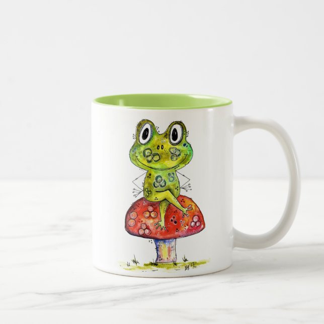 Cute Whimsical Green Frog on Toadstool Two-Tone Coffee Mug (Right)