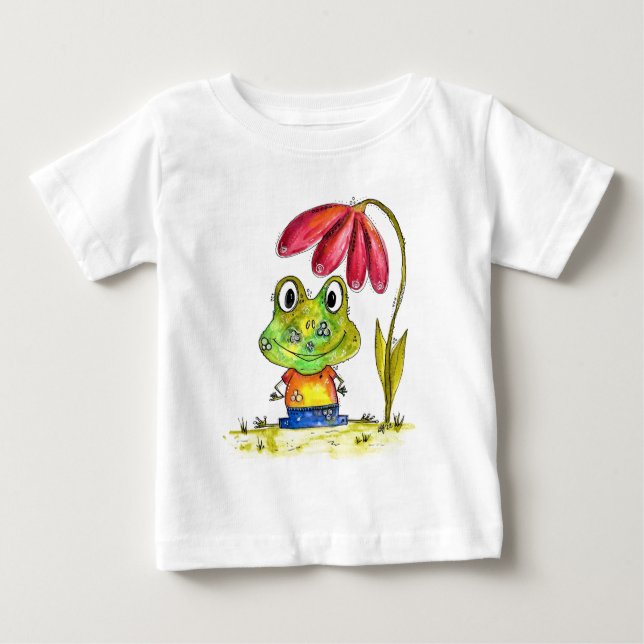 Cute Whimsical Green Frog Under a Red Flower Baby T-Shirt (Front)