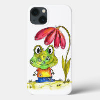 Cute Whimsical Green Frog Under a Red Flower