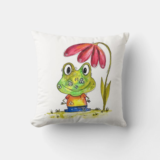Cute Whimsical Green Frog Under a Red Flower Cushion (Front)