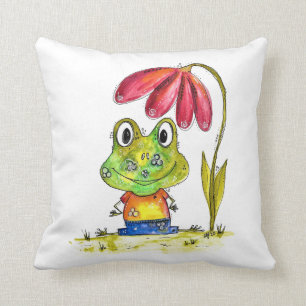 Cute Whimsical Green Frog Under a Red Flower Cushion