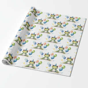 Cute Whimsical green frog with balloons Wrapping Paper