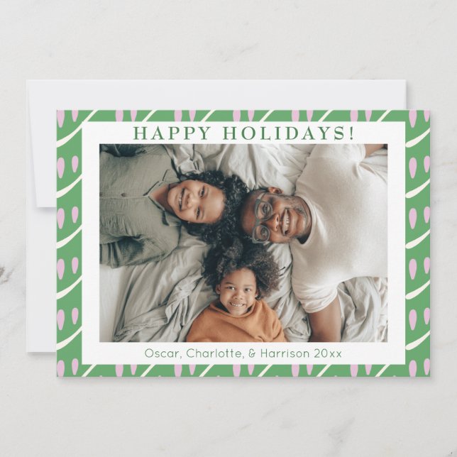 Cute Whimsical Green Lilac Shapes Custom Photo Holiday Card (Front)