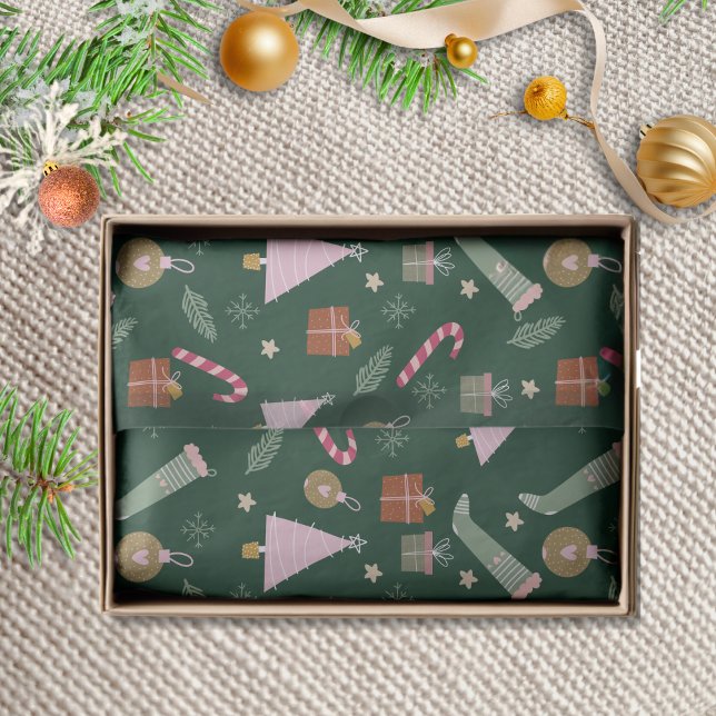 Cute Whimsical Green Pink Winter Holiday Pattern  Tissue Paper (Creator Uploaded)