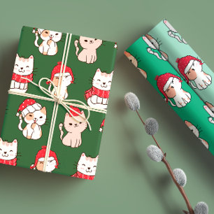 Cute Whimsical Green & Red Cartoon Cat Christmas Wrapping Paper Sheet