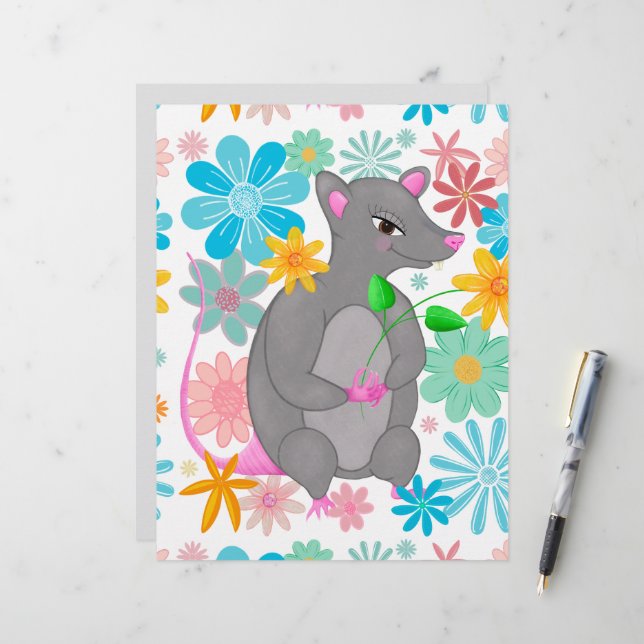 Cute whimsical grey rat pastel flowers (Front/Back In Situ)