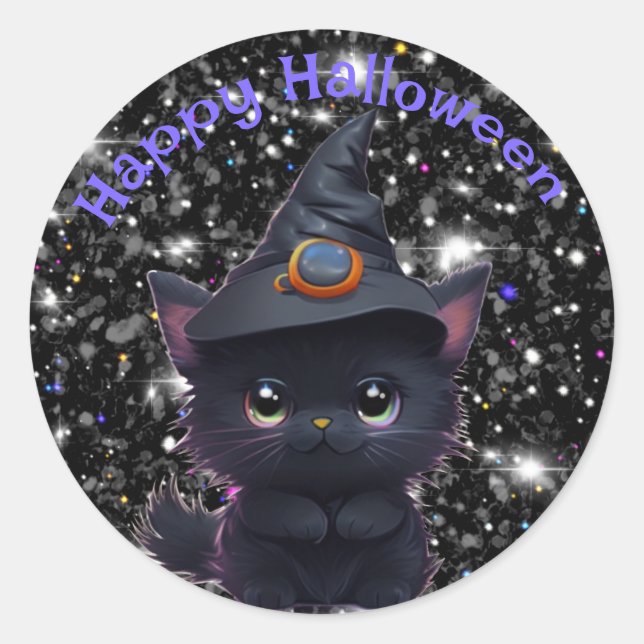 Cute whimsical Halloween black cat Classic Round Sticker (Front)