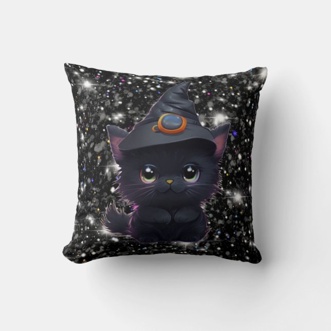 Cute whimsical Halloween black cat Cushion (Front)