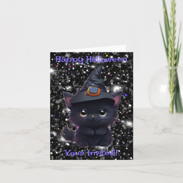 Cute whimsical Halloween black cat Invitation (Front)