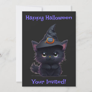 Cute whimsical Halloween black cat Invitation