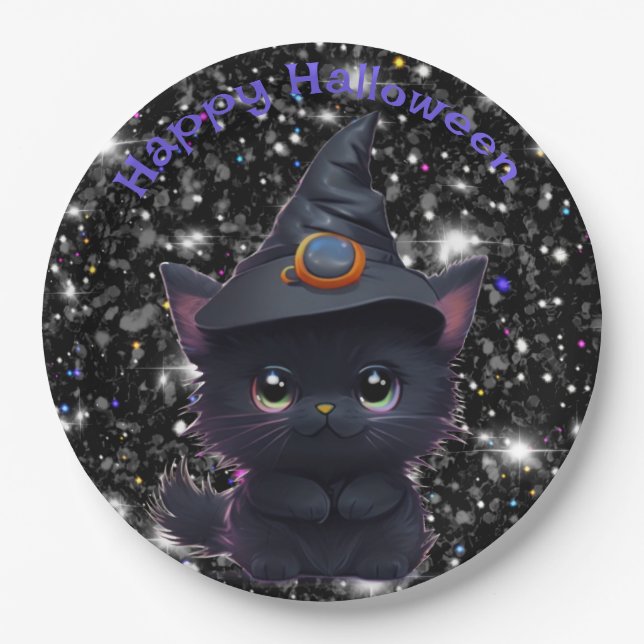 Cute whimsical Halloween black cat Paper Plate (Front)