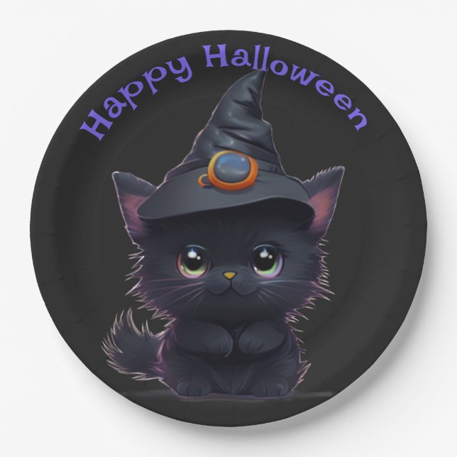 Cute whimsical Halloween black cat Paper Plate (Front)