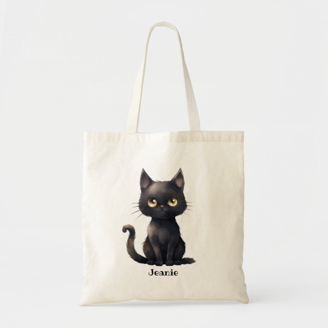 Cute Whimsical Halloween Black Cat Personalised Tote Bag (Front)