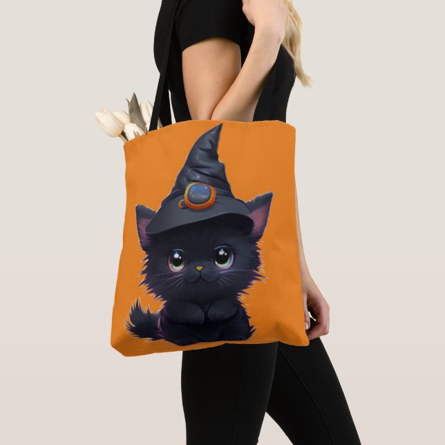 Cute whimsical Halloween black cat Tote Bag (Close Up)