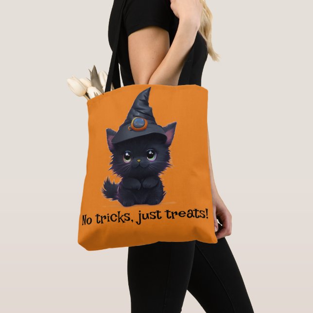 Cute whimsical Halloween black cat Tote Bag (Close Up)