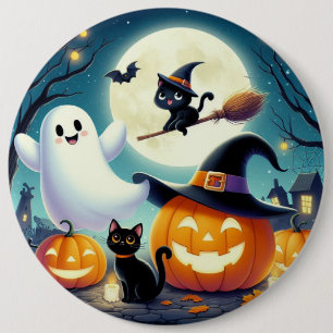 Cute, whimsical Halloween pumpkin, cat, & ghost 6 Cm Round Badge