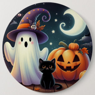 Cute, whimsical Halloween pumpkin, cat, & ghost 6 Cm Round Badge
