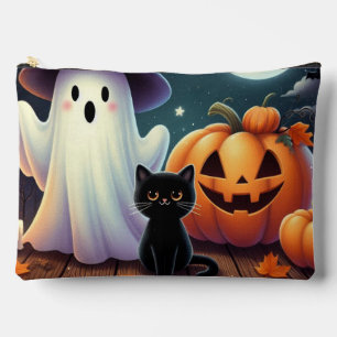 Cute, whimsical Halloween pumpkin, cat, & ghost Accessory Pouch