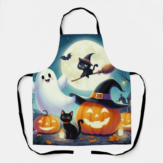 Cute, whimsical Halloween pumpkin, cat, & ghost Apron (Front)