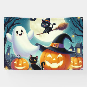 Cute, whimsical Halloween pumpkin, cat, & ghost Banner