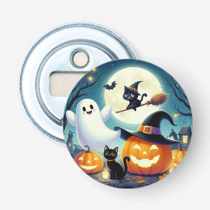 Cute, whimsical Halloween pumpkin, cat, & ghost Bottle Opener