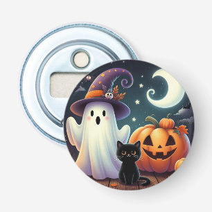Cute, whimsical Halloween pumpkin, cat, & ghost Bottle Opener