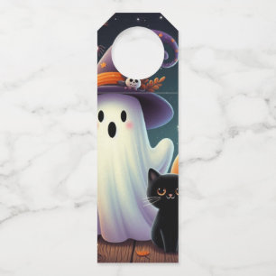 Cute, whimsical Halloween pumpkin, cat, & ghost Bottle Tag