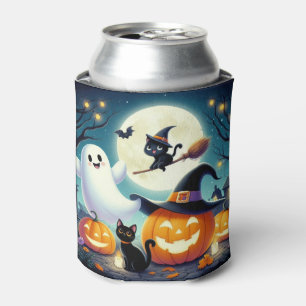 Cute, whimsical Halloween pumpkin, cat, & ghost Can Cooler