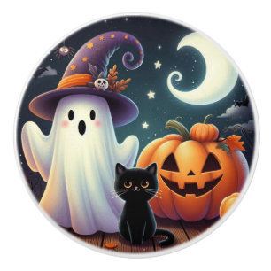 Cute, whimsical Halloween pumpkin, cat, & ghost Ceramic Knob
