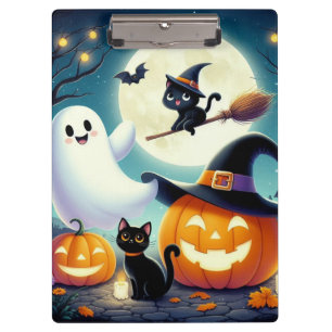 Cute, whimsical Halloween pumpkin, cat, & ghost Clipboard