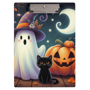 Cute, whimsical Halloween pumpkin, cat, & ghost Clipboard