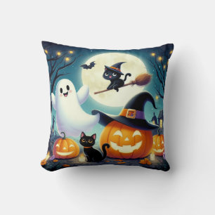 Cute, whimsical Halloween pumpkin, cat, & ghost Cushion