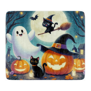 Cute, whimsical Halloween pumpkin, cat, & ghost Cutting Board
