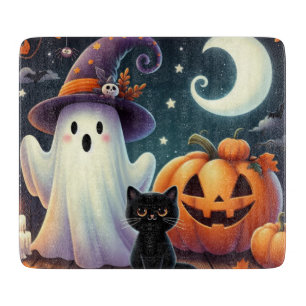 Cute, whimsical Halloween pumpkin, cat, & ghost Cutting Board