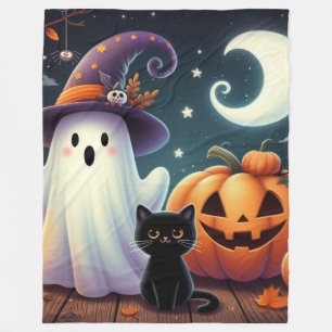 Cute, whimsical Halloween pumpkin, cat, & ghost Fleece Blanket