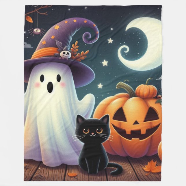 Cute, whimsical Halloween pumpkin, cat, & ghost Fleece Blanket (Front)