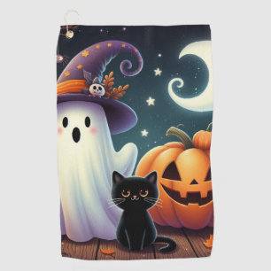 Cute, whimsical Halloween pumpkin, cat, & ghost Golf Towel