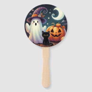 Cute, whimsical Halloween pumpkin, cat, & ghost Hand Fan