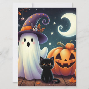 Cute, whimsical Halloween pumpkin, cat, & ghost Holiday Card