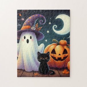 Cute, whimsical Halloween pumpkin, cat, & ghost Jigsaw Puzzle