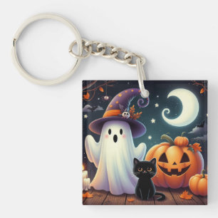 Cute, whimsical Halloween pumpkin, cat, & ghost Key Ring