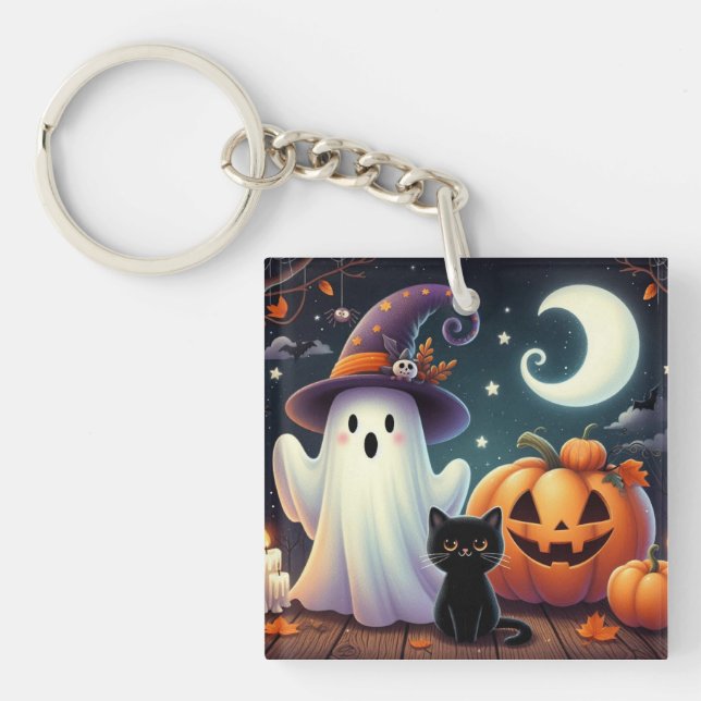 Cute, whimsical Halloween pumpkin, cat, & ghost Key Ring (Front)