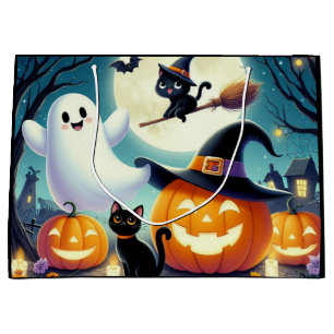 Cute, whimsical Halloween pumpkin, cat, & ghost Large Gift Bag