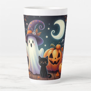 Cute, whimsical Halloween pumpkin, cat, & ghost Latte Mug