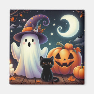 Cute, whimsical Halloween pumpkin, cat, & ghost Magnet