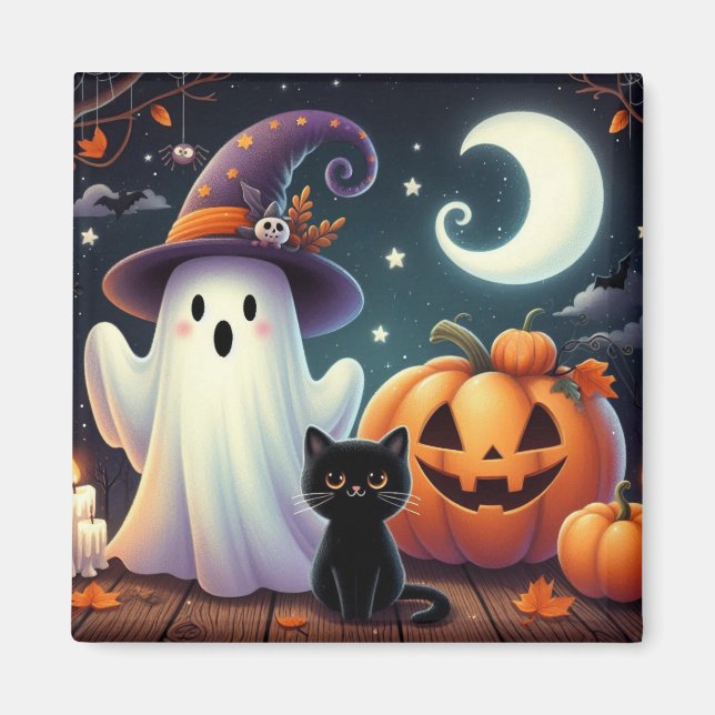 Cute, whimsical Halloween pumpkin, cat, & ghost Magnet (Front)