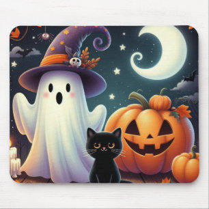 Cute, whimsical Halloween pumpkin, cat, & ghost Mouse Pad