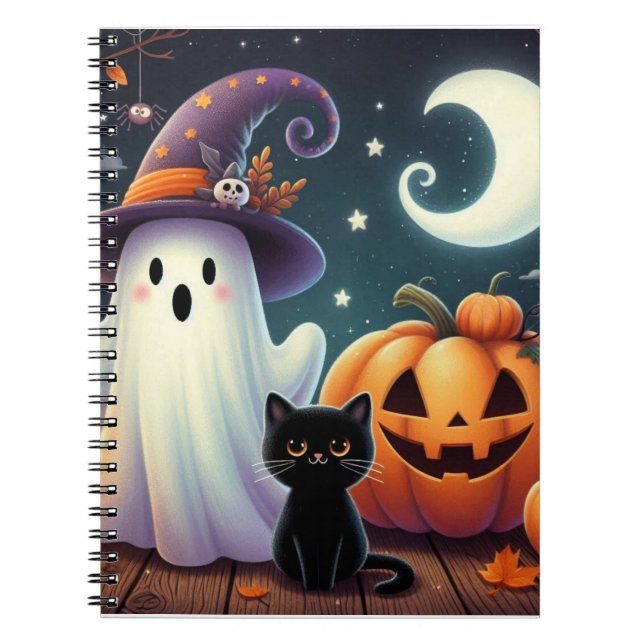 Cute, whimsical Halloween pumpkin, cat, & ghost Notebook (Front)