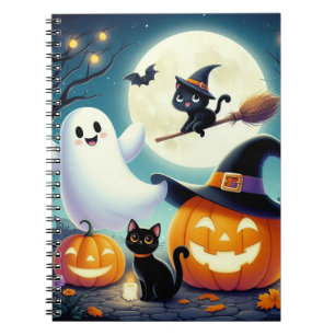Cute, whimsical Halloween pumpkin, cat, & ghost Notebook
