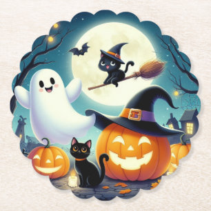 Cute, whimsical Halloween pumpkin, cat, & ghost Paper Coaster